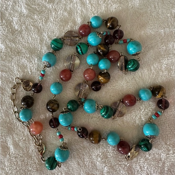 Graziano Multi Colored Gemstone Beaded Long Necklace with Gold Tones - Picture 5 of 7